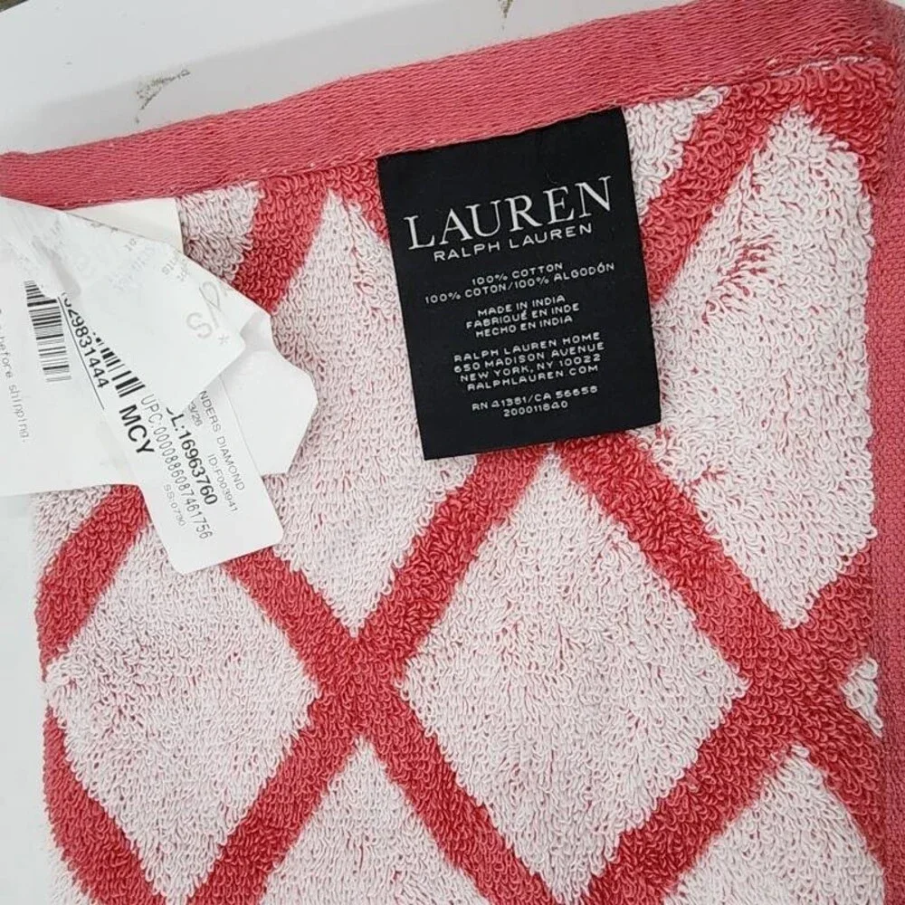 Lauren Ralph Lauren Sanders Diamond Cotton Hand Towel Unisex 16 x 30 True Rose